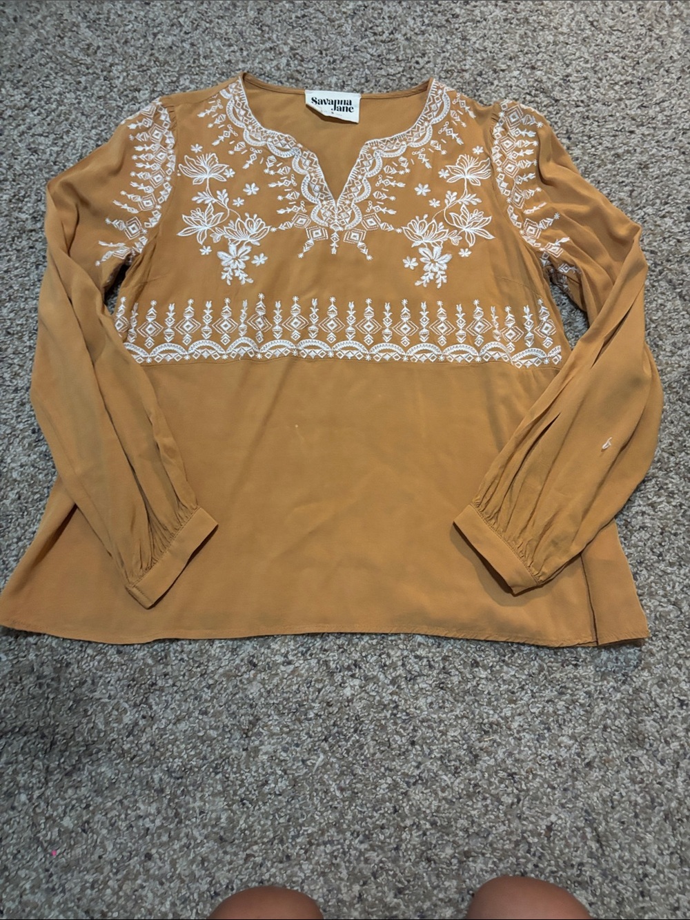 Savanna Jane Mustard Embroidered V-Neck Long Sleeve Blouse